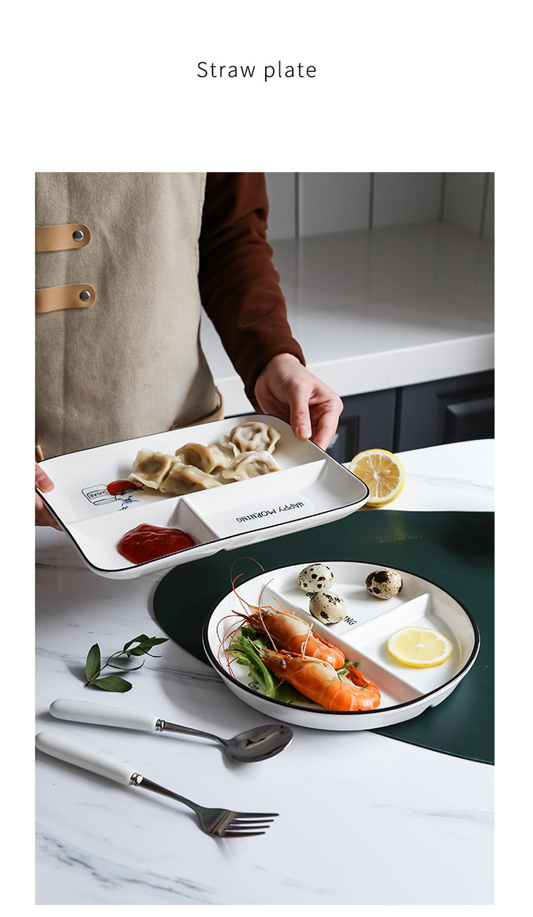 儿童分餐陶瓷餐具盘 家用创意釉上彩分格盘 圆形快餐减脂餐盘ins