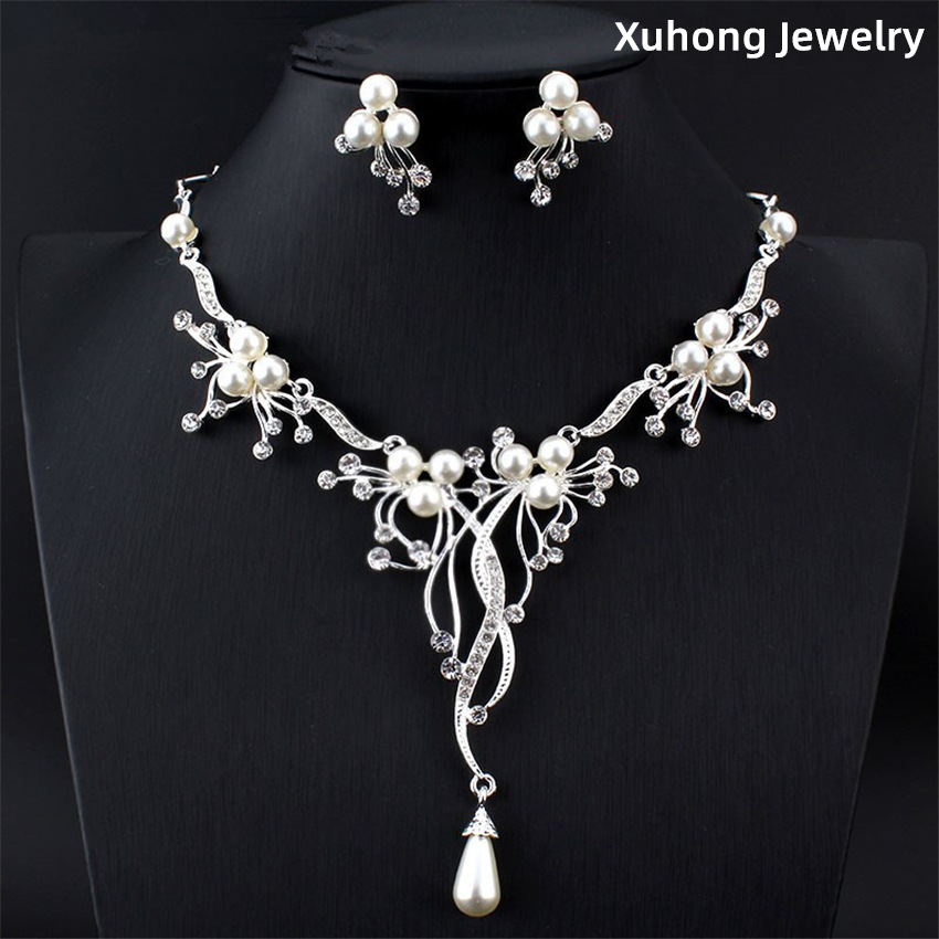 韩式新娘项链耳环两件套合金珍珠银色项链婚纱影楼礼服套链