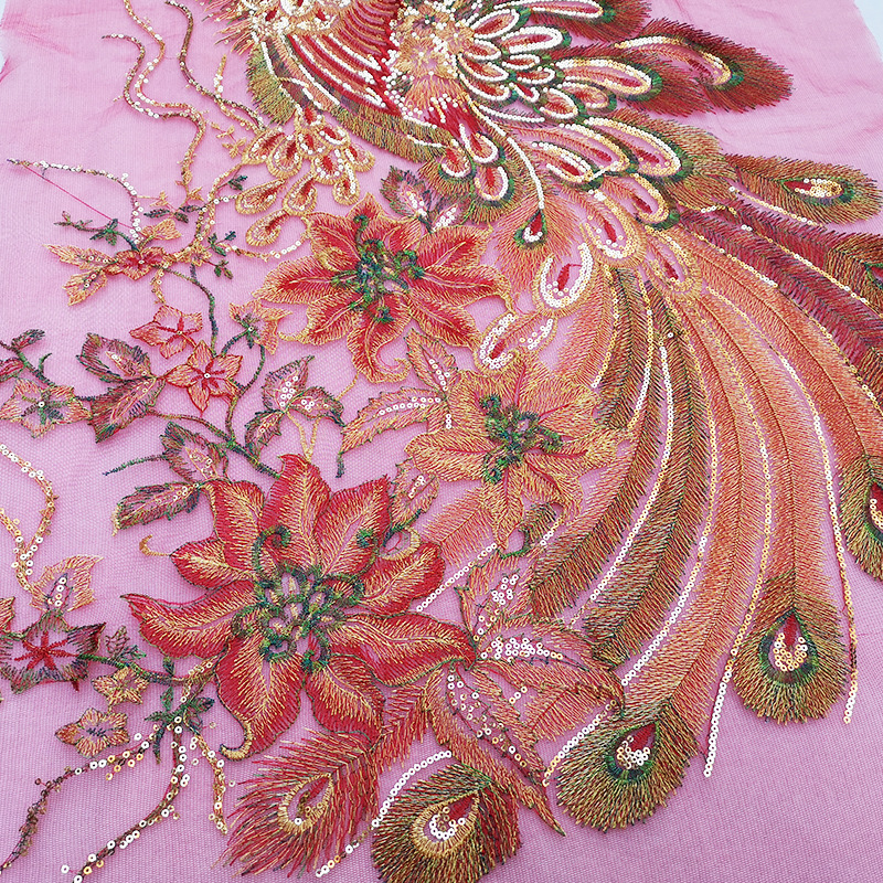 厂家 网纱刺绣亮片双凤凤凰绣花布贴民族表演服服饰装饰辅料 批发