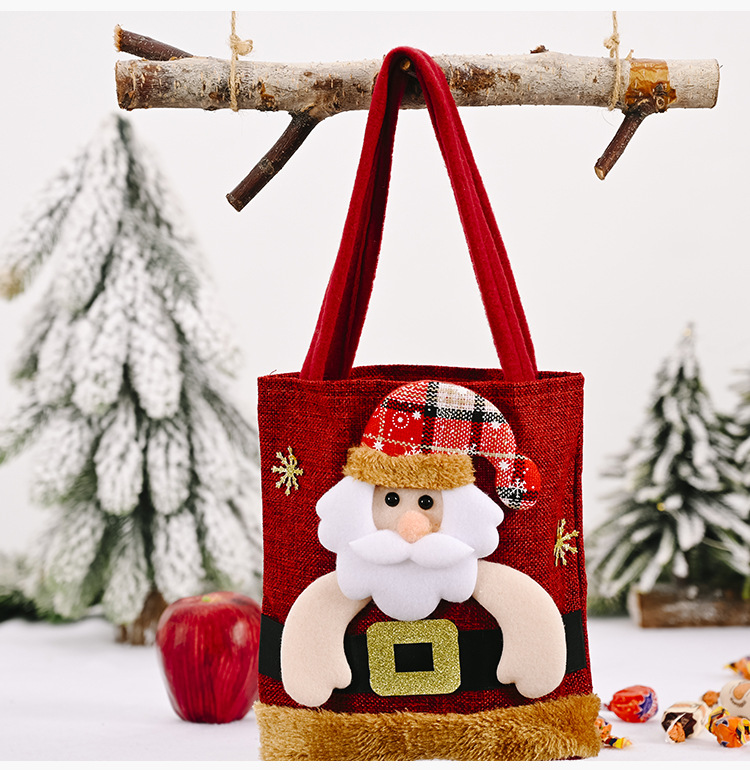 圣诞节装饰袋子 麻布绒毛边圣诞手提袋 圣诞老人礼物袋糖果袋批发
