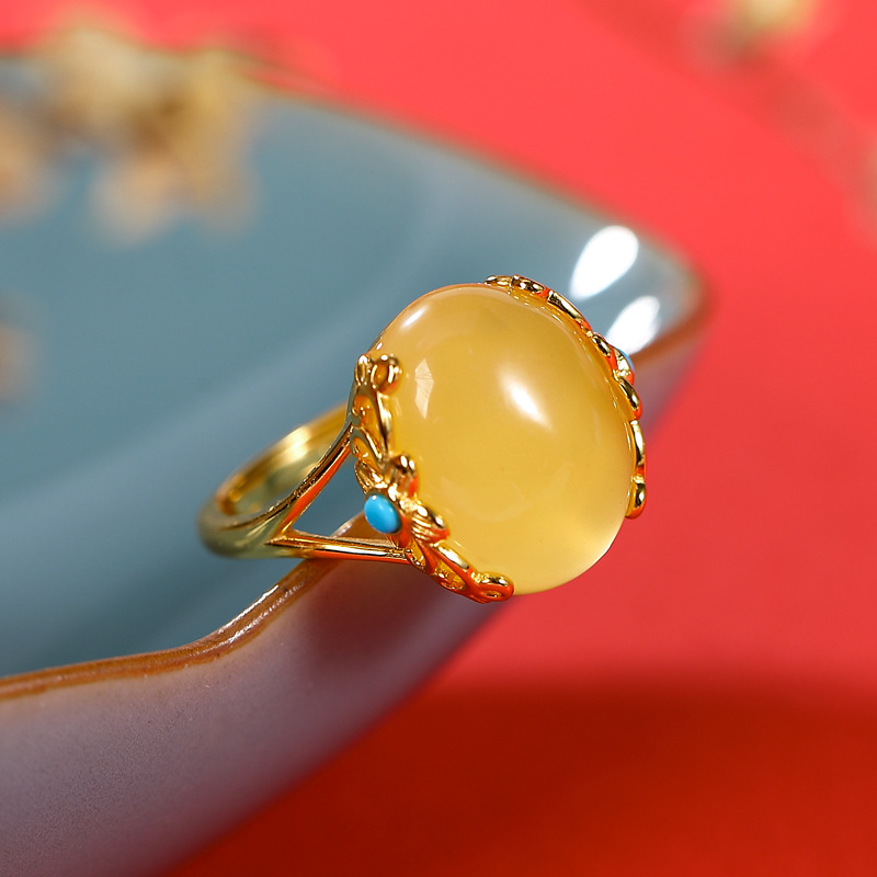 壹鹿银s925纯银镀金镶嵌天然蜜蜡戒指时尚气质琥珀女士开口指环