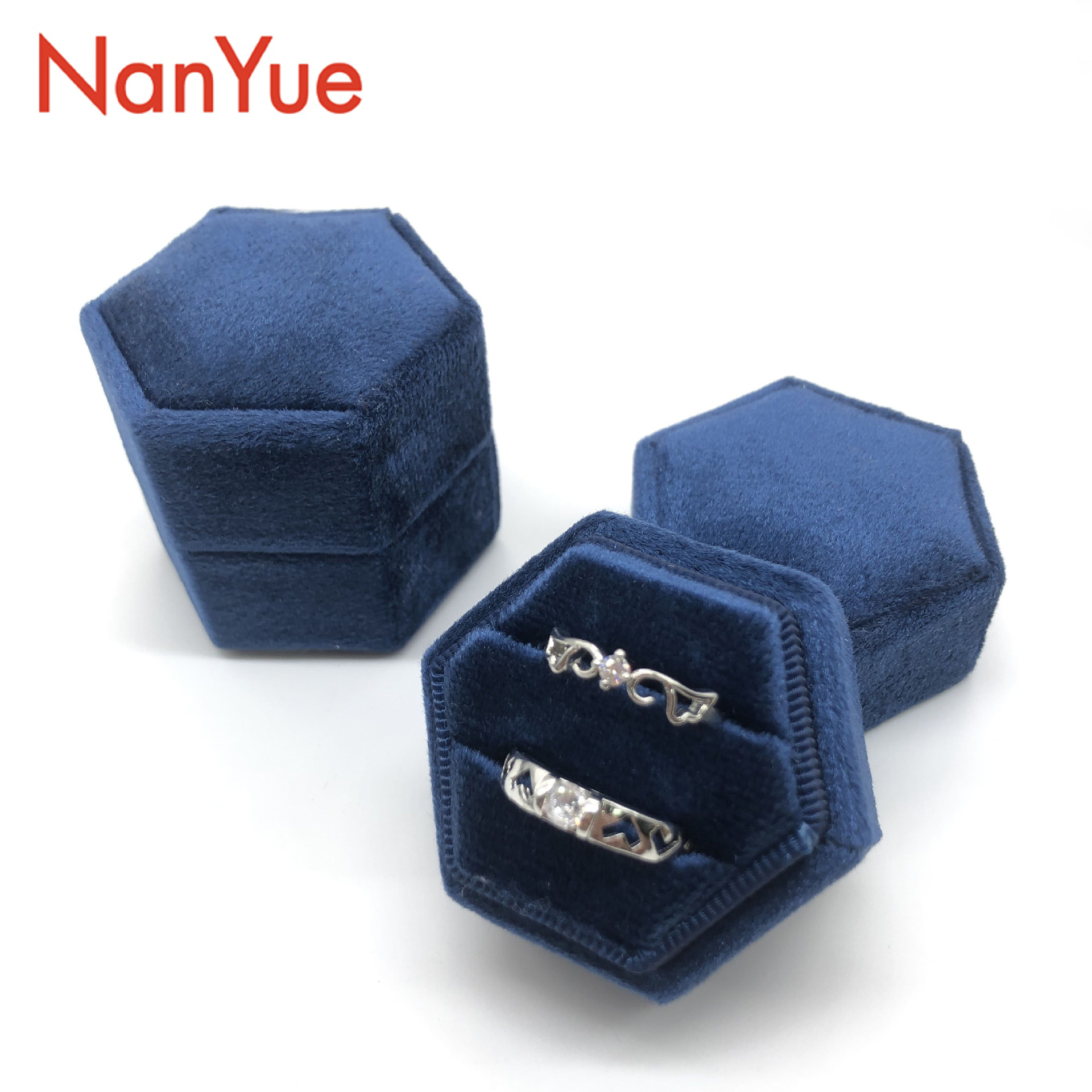 新款热销六角天鹅绒戒指盒植绒珠宝盒天地盖戒指盒首饰盒