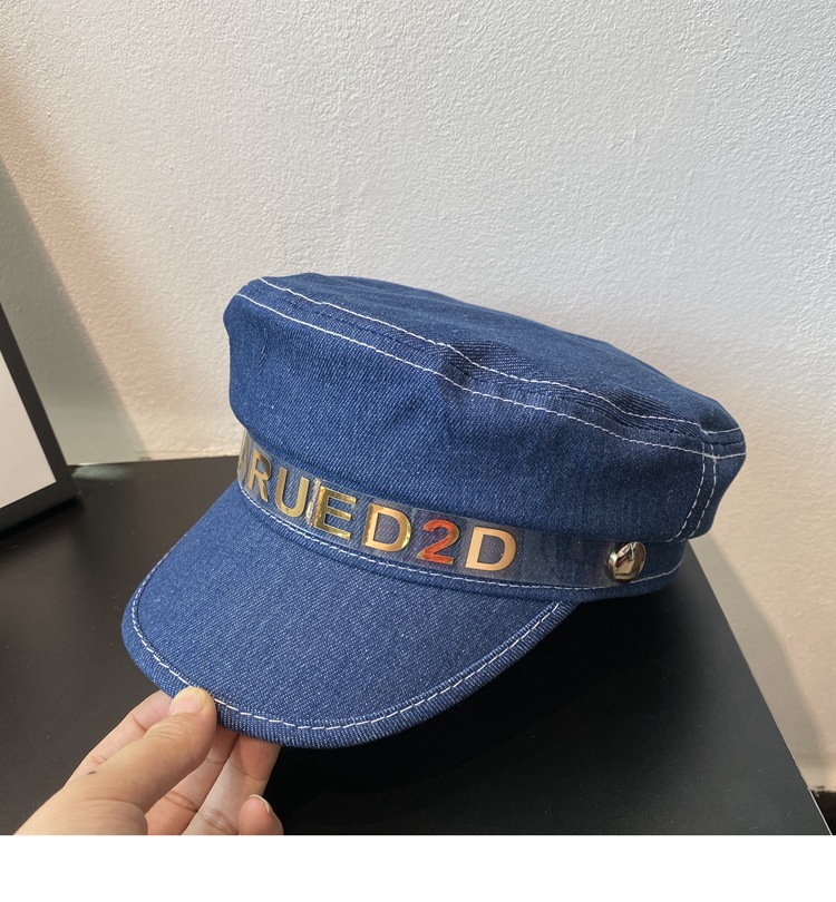 韩版百搭日系蓝色牛仔海军帽英伦复古青年贝雷帽街头凹造型八角帽