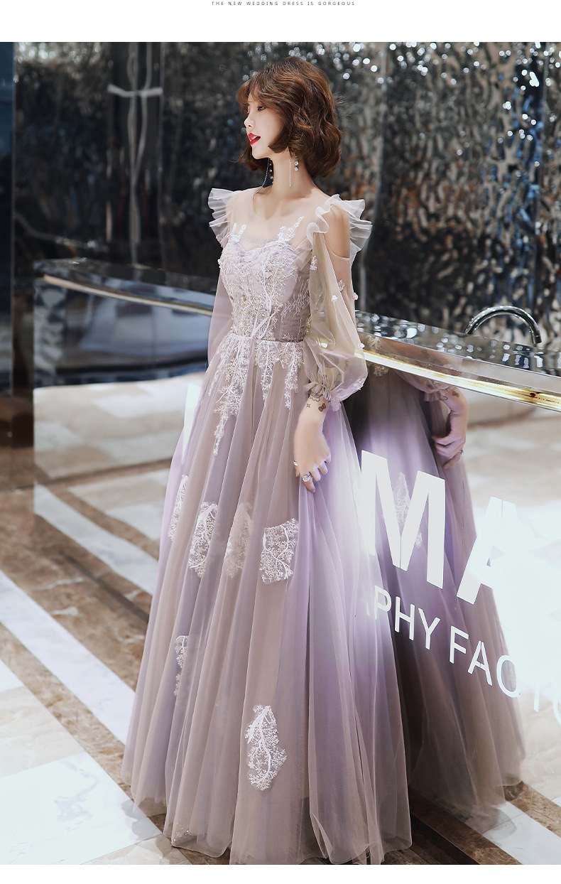 小晚礼服女2020新款仙气伴娘服长款粉色长袖显瘦秋季敬酒宴会气质