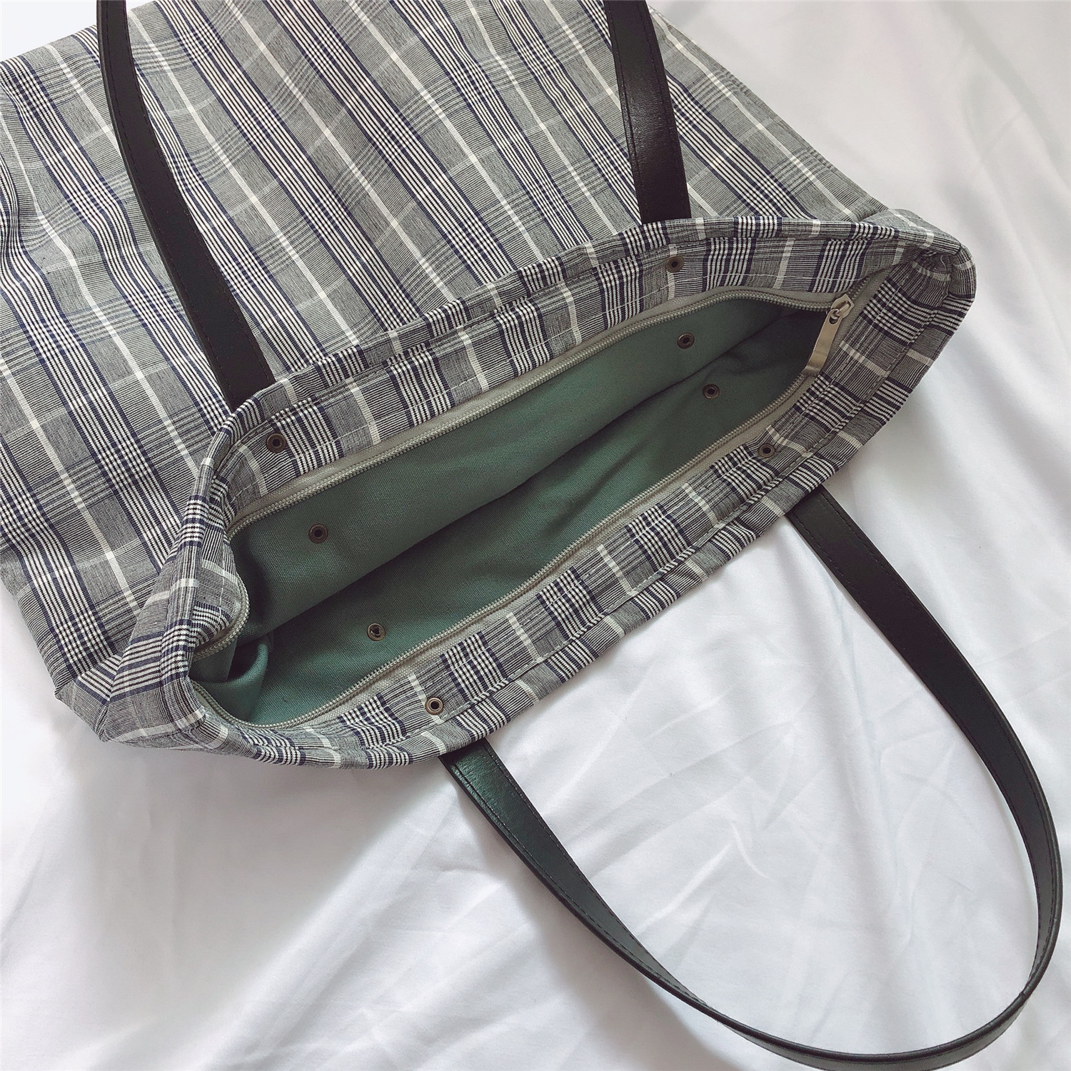 【归蝶布包】文艺格子布包单肩女棉麻素托特包大容量厚实牢固拉链