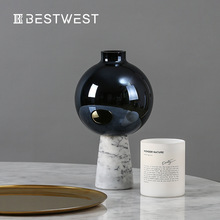新中式大理石纹路玻璃花瓶 软装设计师轻奢家居样板间摆件 批发