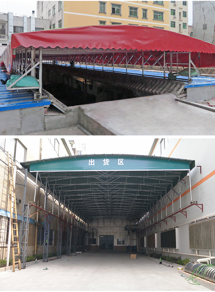 厂家定做电动推拉棚仓库悬空遮雨蓬自动伸缩推拉篷大型户外雨棚