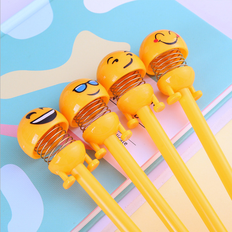 Online Influencer Cute Yellow Bobble Head Doll Ball Pen Smiley Spring Doll TikTok Q Facial Expression Bag Gel Pen Gift