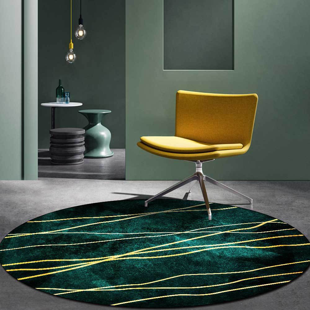 跨境时尚抽象轻奢祖母绿深绿金黄色线条客厅卧室防滑地垫地毯定制