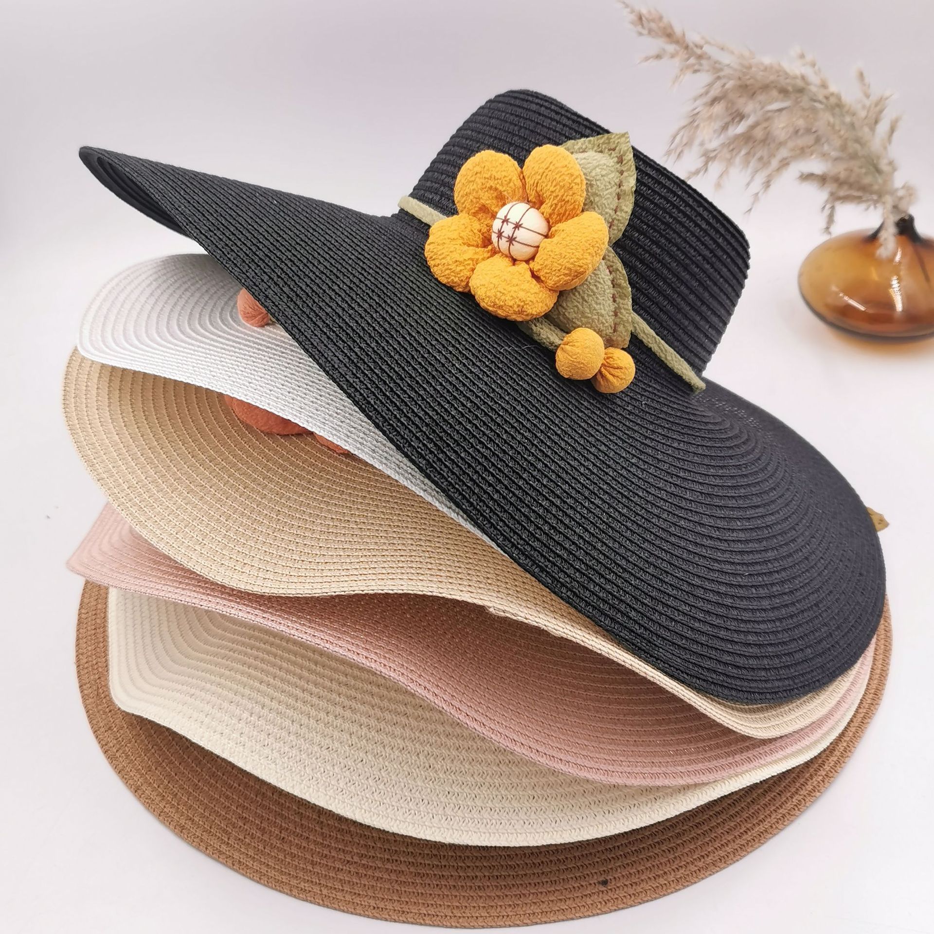 手工花装饰女士草帽韩版春夏海边沙滩户外防晒大沿帽折叠遮阳帽子