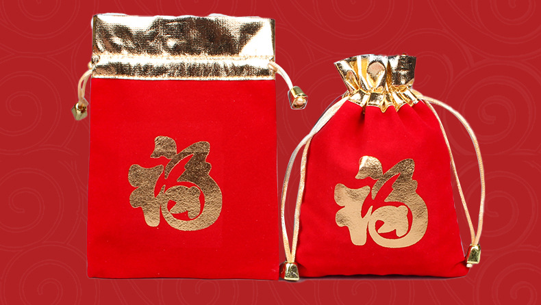现货7*9首饰绒布袋 抽绳束口植绒佛珠文玩袋 金加绒烫金福袋批发