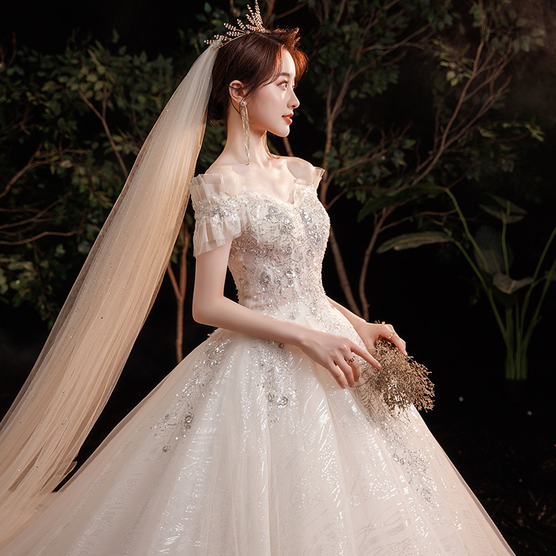 显瘦星空法式重工外贸一字肩新娘婚纱2021新款气质拖尾森系梦幻