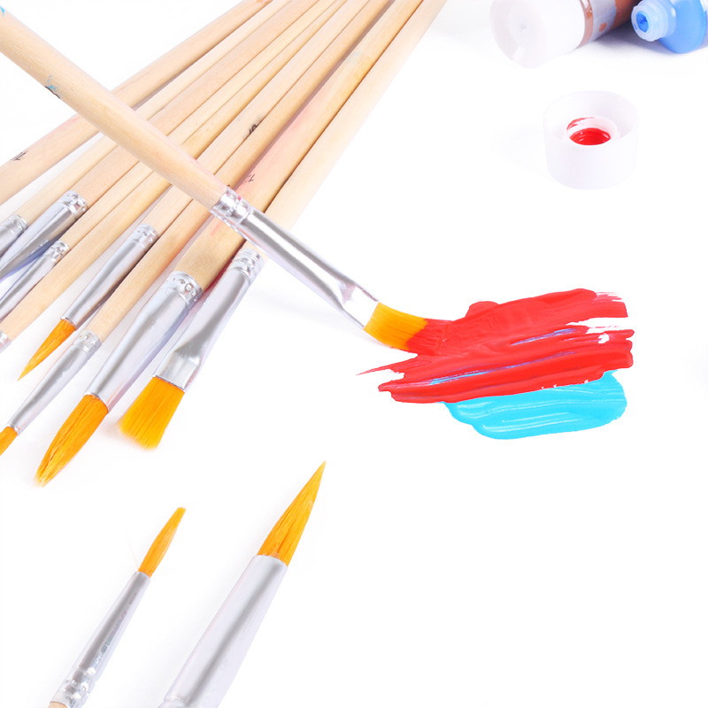 儿童美术绘画套装 尼龙毛水彩丙烯油画笔木柄12支画笔调色盘套装