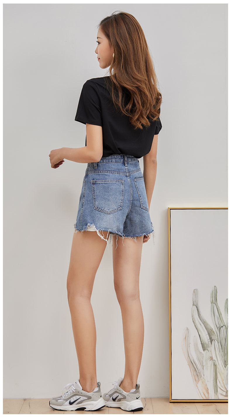 2020夏季新款高腰双扣牛仔短裤女 韩版时尚显瘦脚口毛边热裤现货