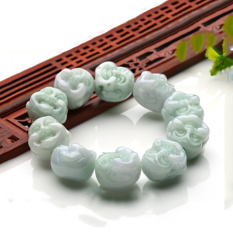 玉石翡翠手串精雕开心佛头串珠单面笑佛念珠手链男女玉石手链