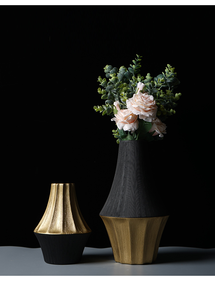 古典新中式黑金色陶瓷大花瓶别墅酒店样板间玄关软装插花花器摆件