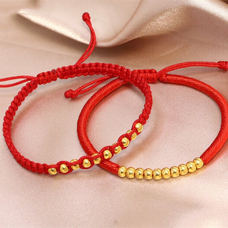 鼠年黄金情侣手链足金编织小金珠本命生日礼物红绳十全十美可调节