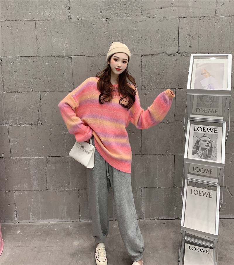 渐变彩虹条纹复古毛衣女套头宽松上衣 百搭抽绳束脚裤