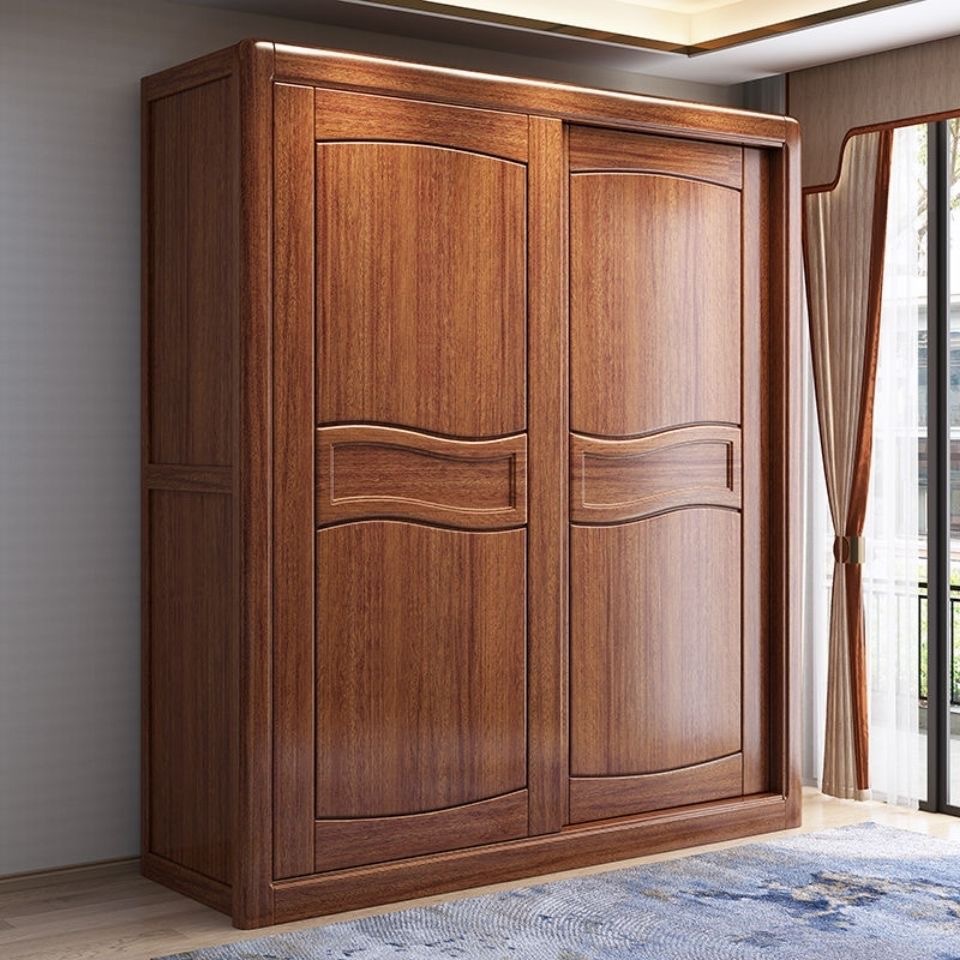现代中式胡桃木双门衣柜实木推拉门衣柜大空间滑趟门衣橱卧室家具