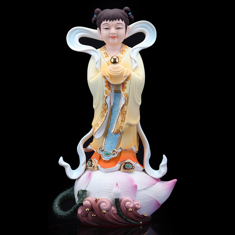 本器唐彩陶瓷金童玉女佛前摆件善财童子龙女佛像一对居家供奉招财