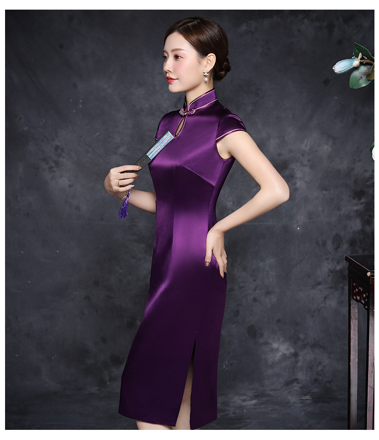 【手推绣】紫色腰部绣花手工旗袍 中长款素色绣花高档旗袍裙定制