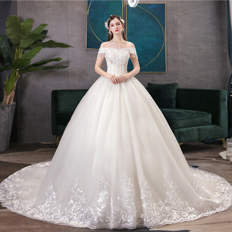 法式主婚纱2020新款一字肩超仙奢华森系浅香槟色新娘结婚拖尾婚纱