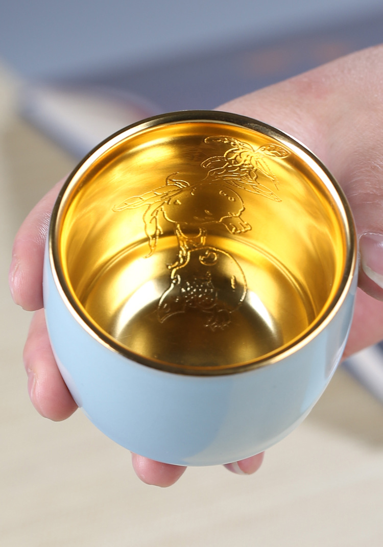 描金荷花品茗杯24k纯金茶杯水杯茶具999鎏金汝窑主人杯大号茶盏