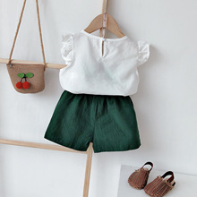 2010新款女童刺绣花朵衬衫+短裤套装儿童木耳边娃娃衫两件套