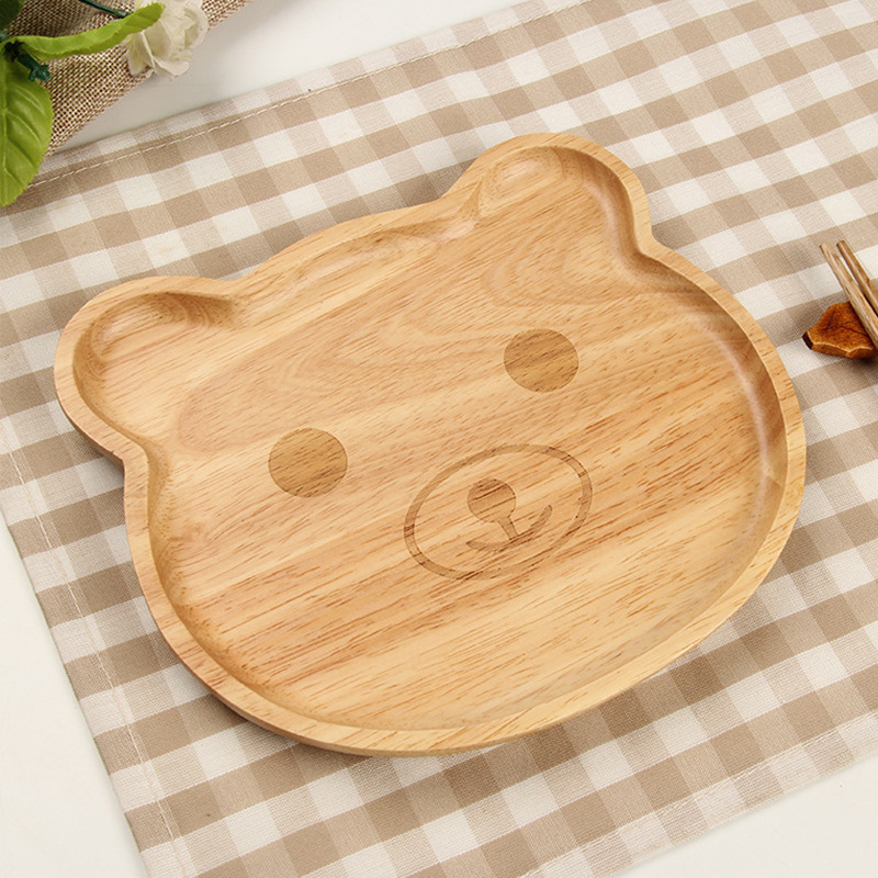 Factory Direct Sales Solid Wood Cutlery Baby Cartoon Children's Dinner Plate Rubber Wooden Dinner Plate Disc