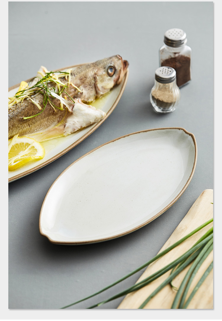 粗陶复古日式芝麻釉家用陶瓷鱼盘舟型创意盛鱼盘子料理盘制作logo