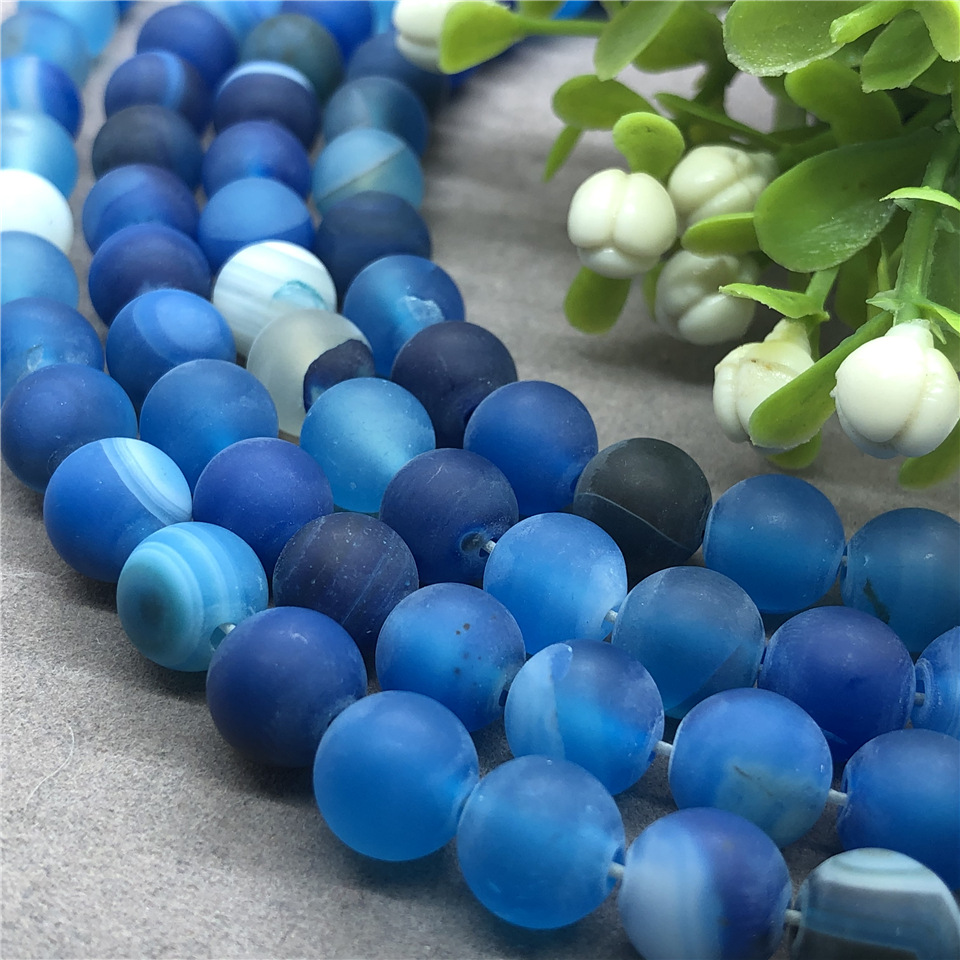 天然磨砂条纹蓝玛瑙散珠批发 哑光线条玛瑙圆珠厂家直销4/6//12mm