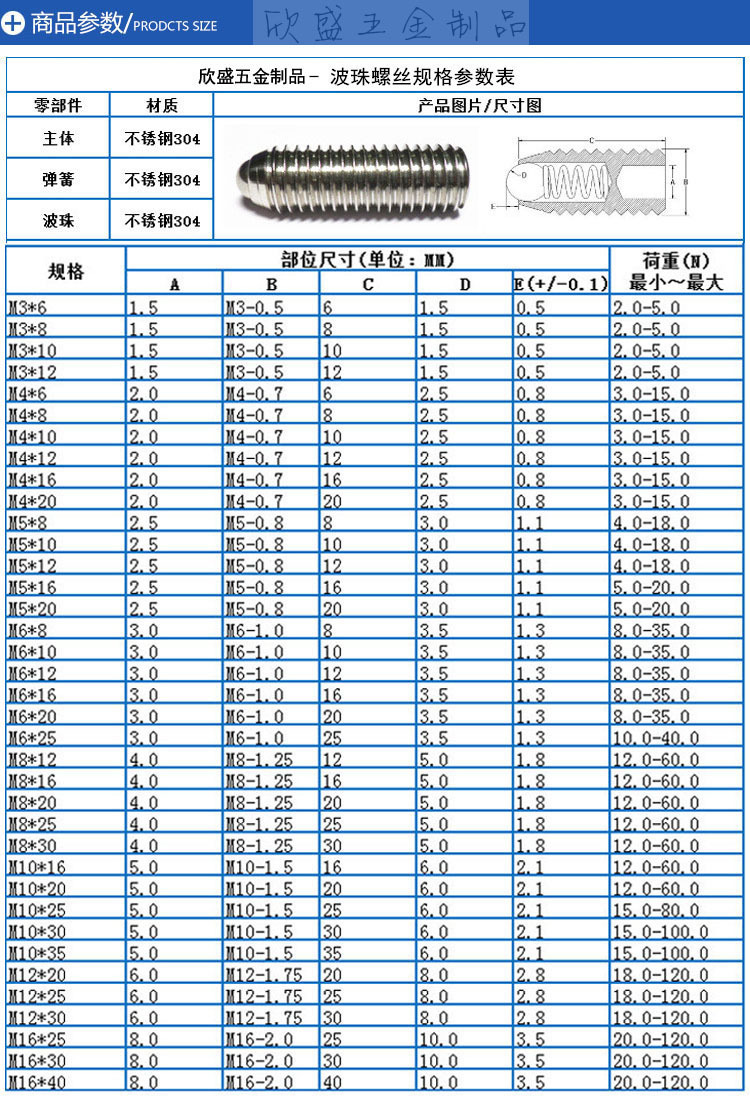 304不锈钢波珠定位珠波子波仔螺丝钢珠紧定弹簧球头柱塞m3-m16