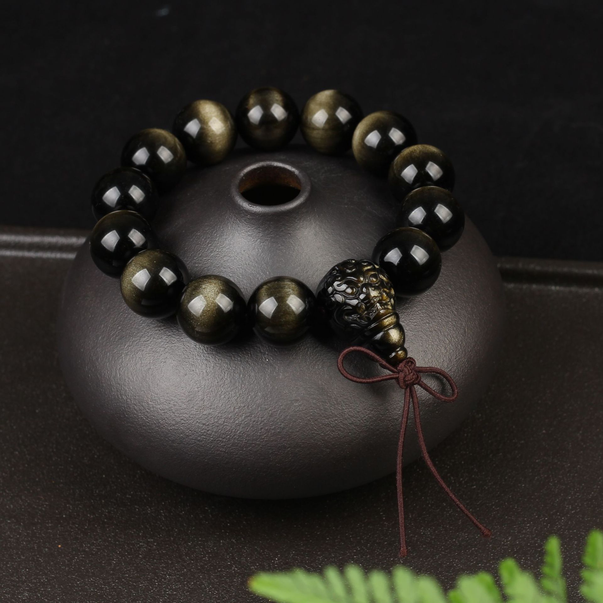 天然金曜石手链猫眼双金眼黑曜石手串搭配霸王貔貅三通葫芦手链