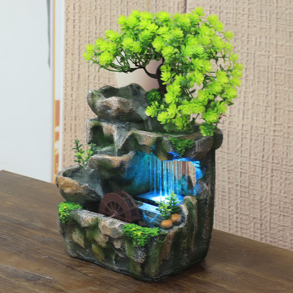 Cross-Border E-Commerce Desktop Small Rockery Imitative Tree Water Fountain Rain Cape Creative Ornaments Yiwu Supply Factory Direct Sales