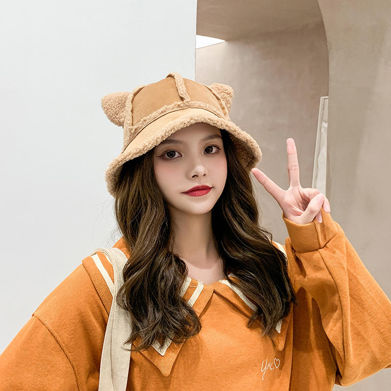帽子女日系羊羔毛渔夫帽秋冬百搭加绒猫耳朵可爱韩版毛绒保暖盆帽