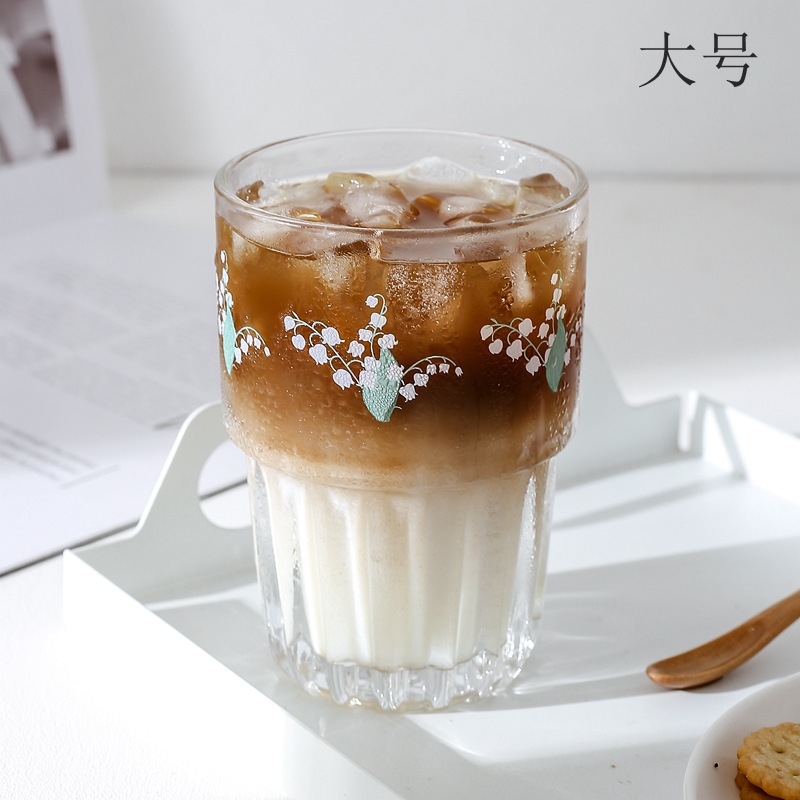 Linglan Flower Cup Korean Ins Style Iced Coffee Cup Glass Fresh Girl Heart Cola Milky Tea Cup Stackable