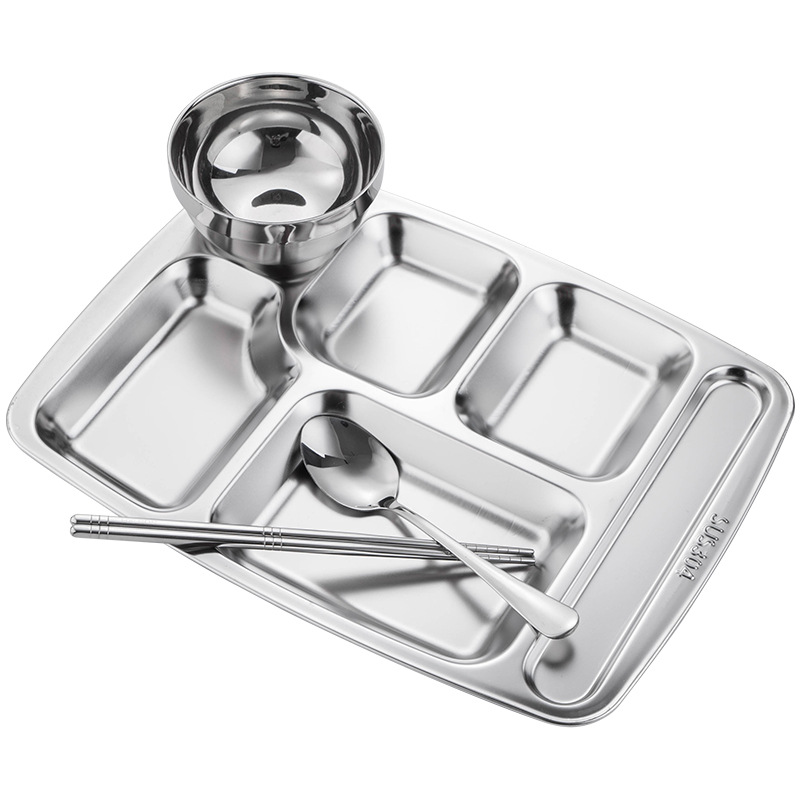 304 Stainless Steel Plate Adult Meal Sharing Meal Tray Canteen Kids Lunch Box Separated Thickened Fast Food Plate Tableware Set