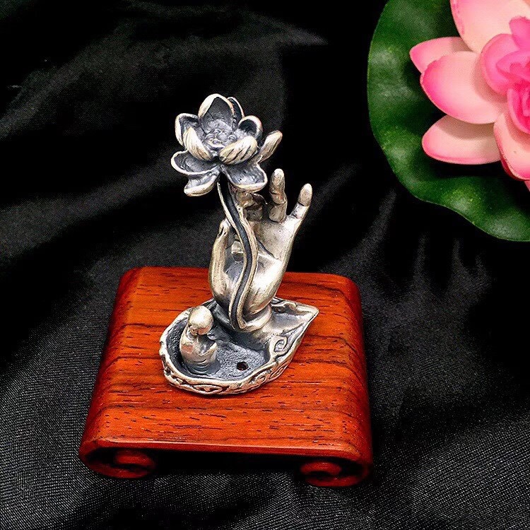 银薇妮 s999足银佛手托莲香插复古做旧纯银家居摆件摆饰代发批发