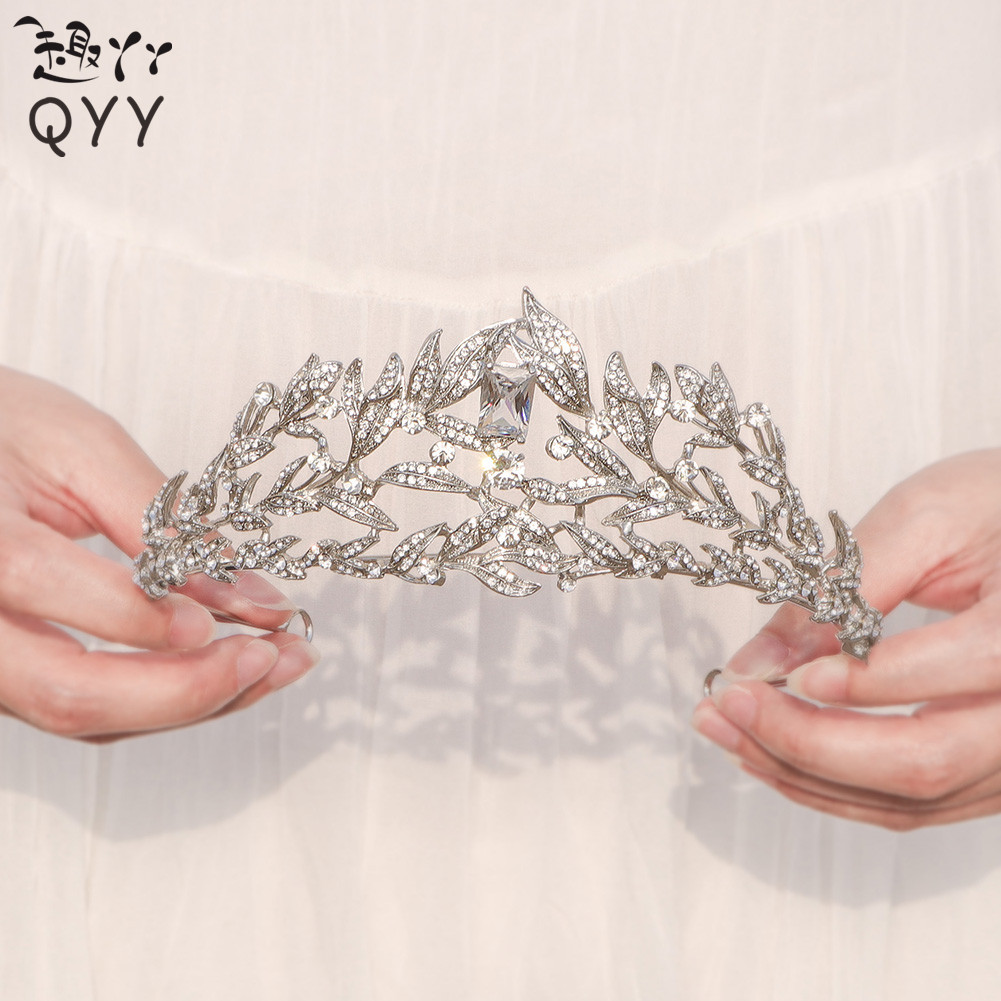 qyy跨境爆款新娘饰品复古橄榄枝皇冠奢华锆石ins风婚纱礼服头饰品