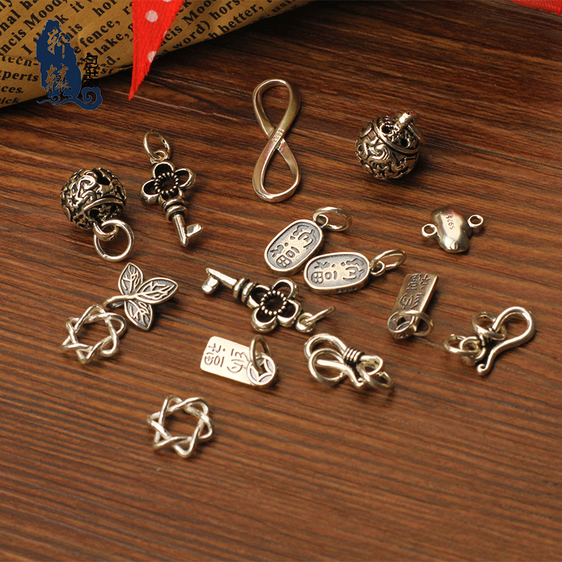 s925银饰配件复古小坠子编绳配饰招财纳福手链手绳项链挂件芒星