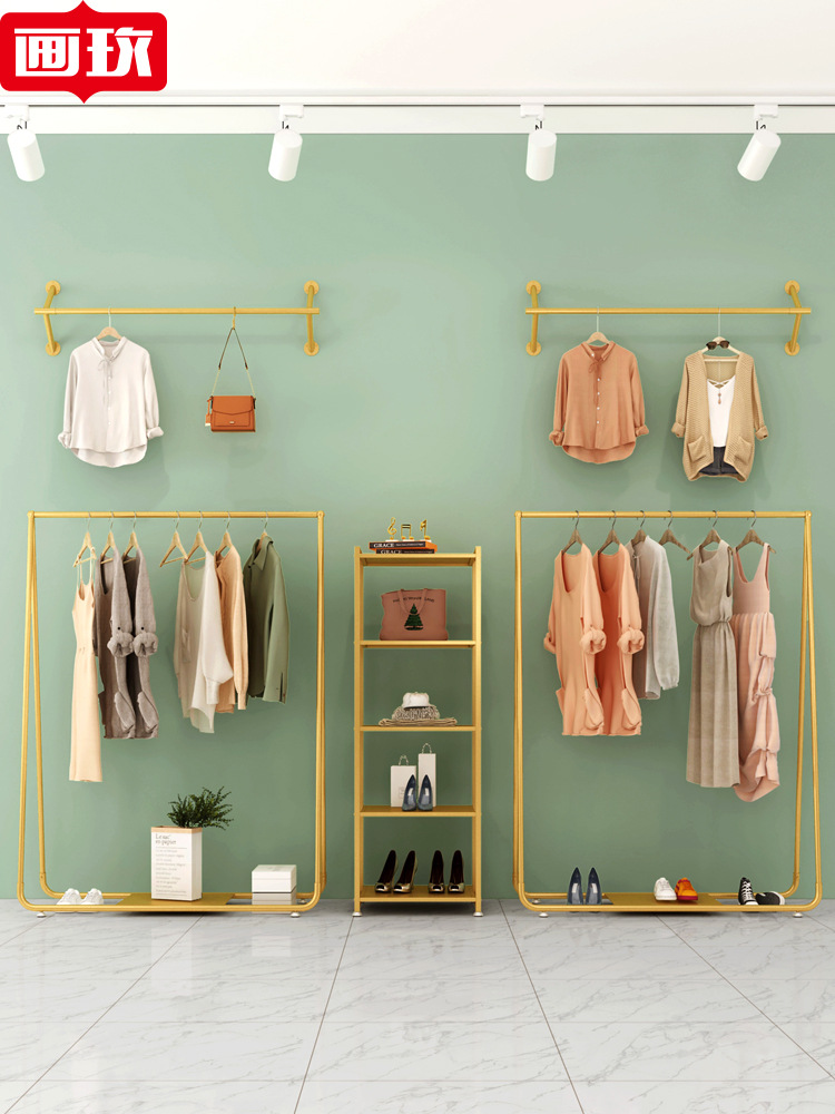 女装店货架展示架高档服装店铺专用纳米金色落地式服装店衣架货架