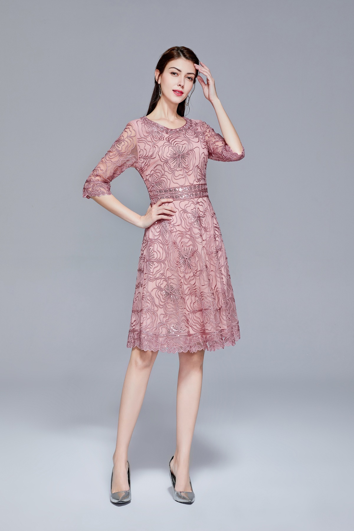 ane2020春夏新款女装 高端刺绣中年妈妈连衣裙