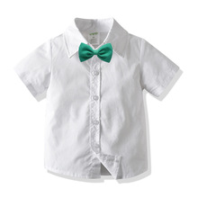 2024跨境男童宝宝纯棉短袖衬衫 中大小儿白色正装六一表演开衫