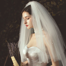 珍珠多层遮面款新娘头纱蓬蓬造型婚纱短款面纱头纱婚礼旅拍头饰