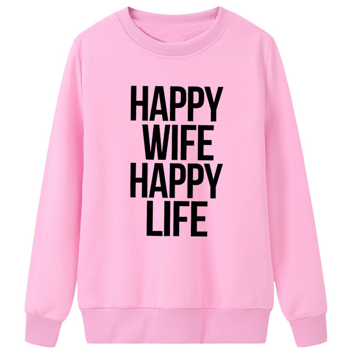 欧美秋冬新款休闲happy wife happy life印花长袖亚马逊