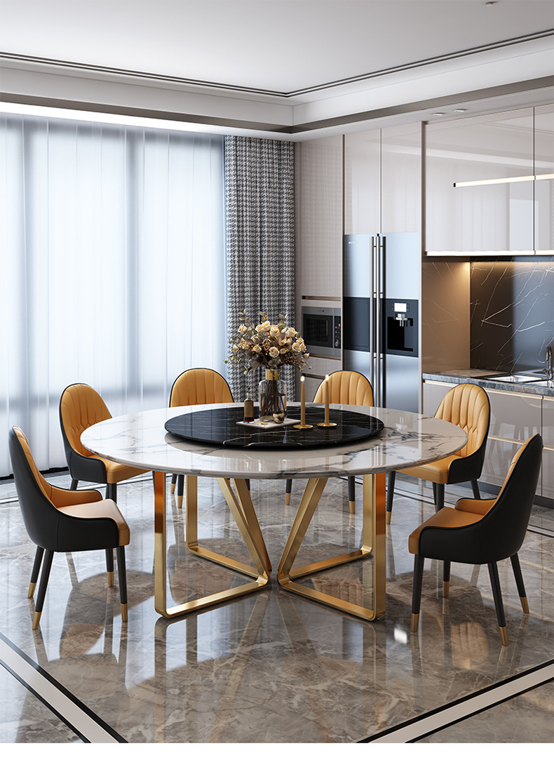 北欧现代简约饭桌圆形大理石餐桌椅组合带转盘1.3米圆桌轻奢ins风
