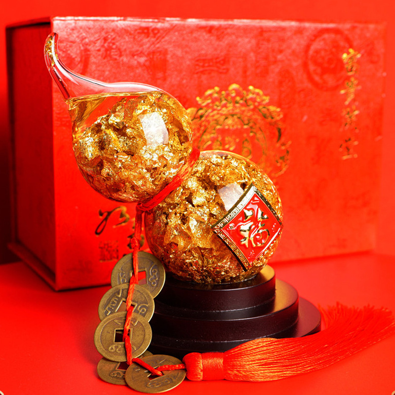 水晶金箔葫芦摆件福禄招财进宝创意五帝钱工艺品新年贺岁开门红礼