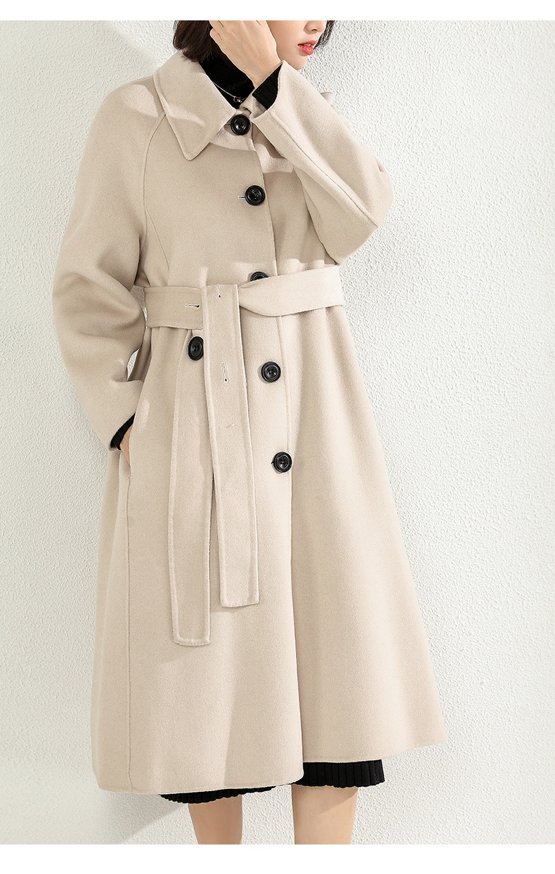 2694米色赫本风高端双面呢大衣女长款秋冬新款系带收腰羊毛呢外套