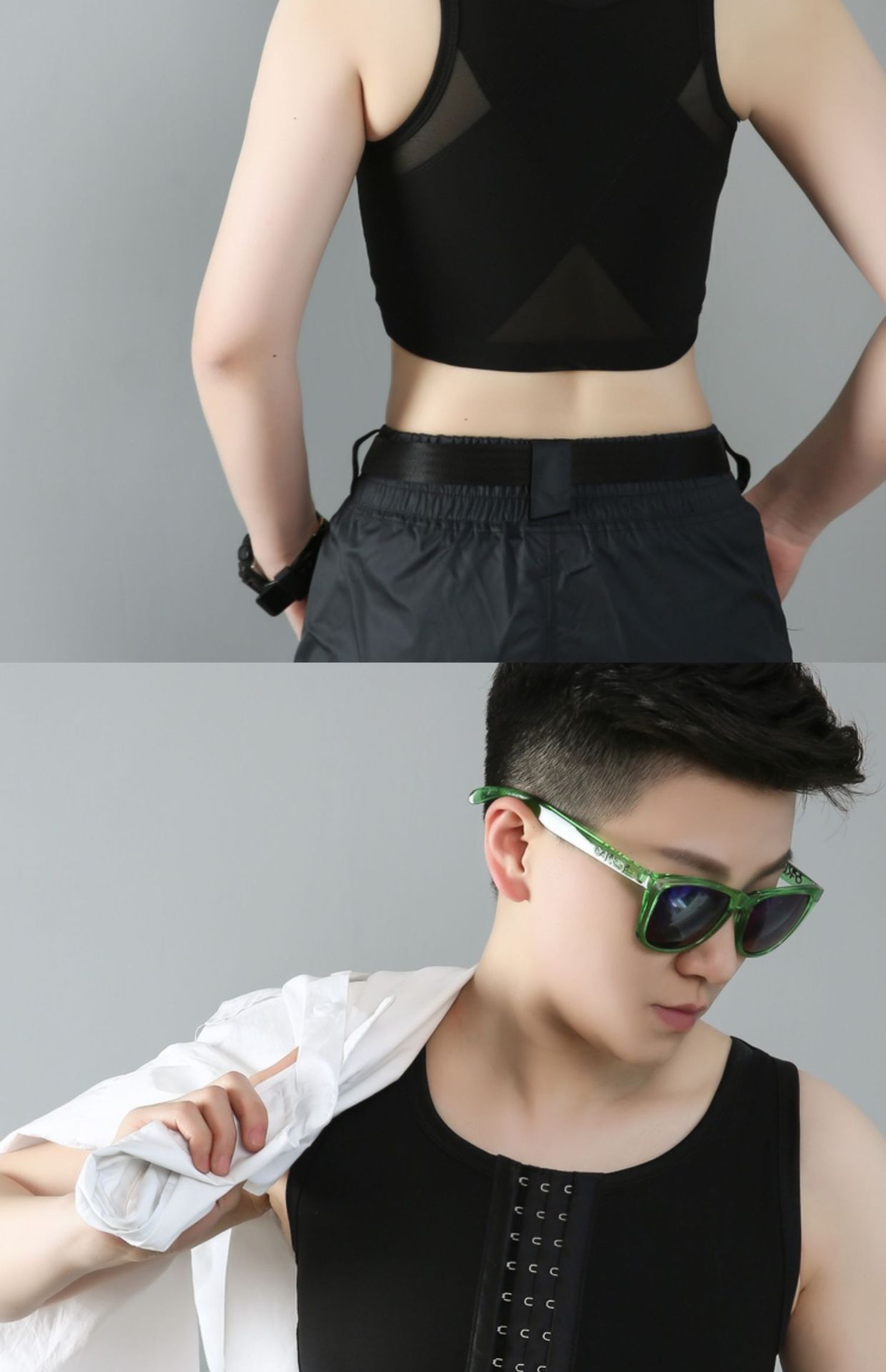 简态帅t束胸内衣les前置挂钩束胸衣女显胸小网纱透气大码束身衣平