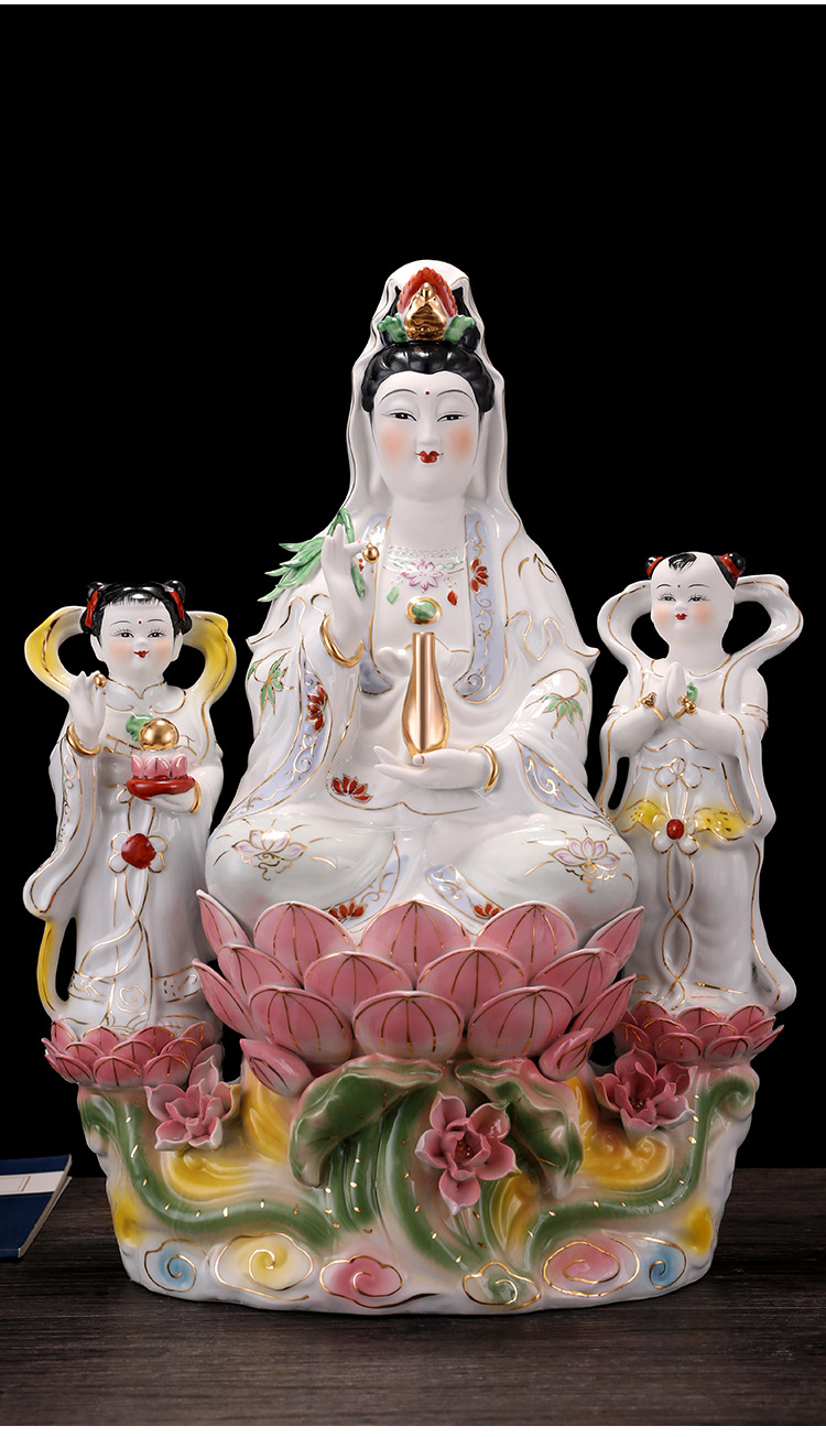 厂价批发 双童观音佛像 家具陶瓷传统工艺品摆设 潮州陶瓷摆件